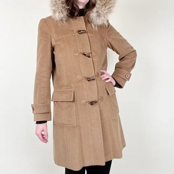 Vintage 100% Cashmere Fur Hood Duffle Jacket Peacoat Toggle Long Winter Pea Coat - Picture 2 of 11